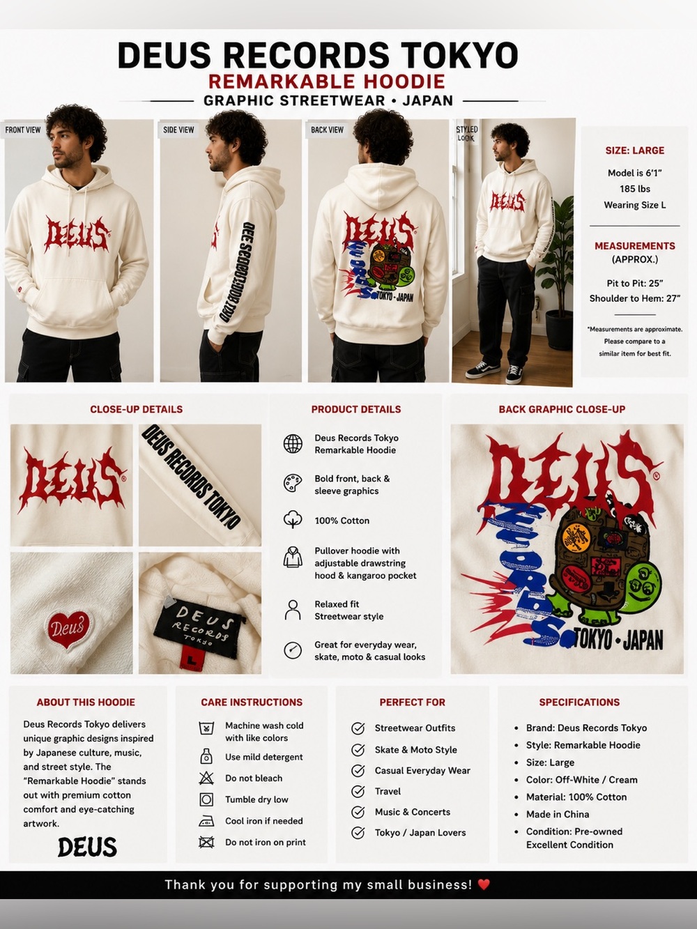 Deus Ex Machina Records Tokyo Remarkable Hoodie Mens L White Graphic Streetwear